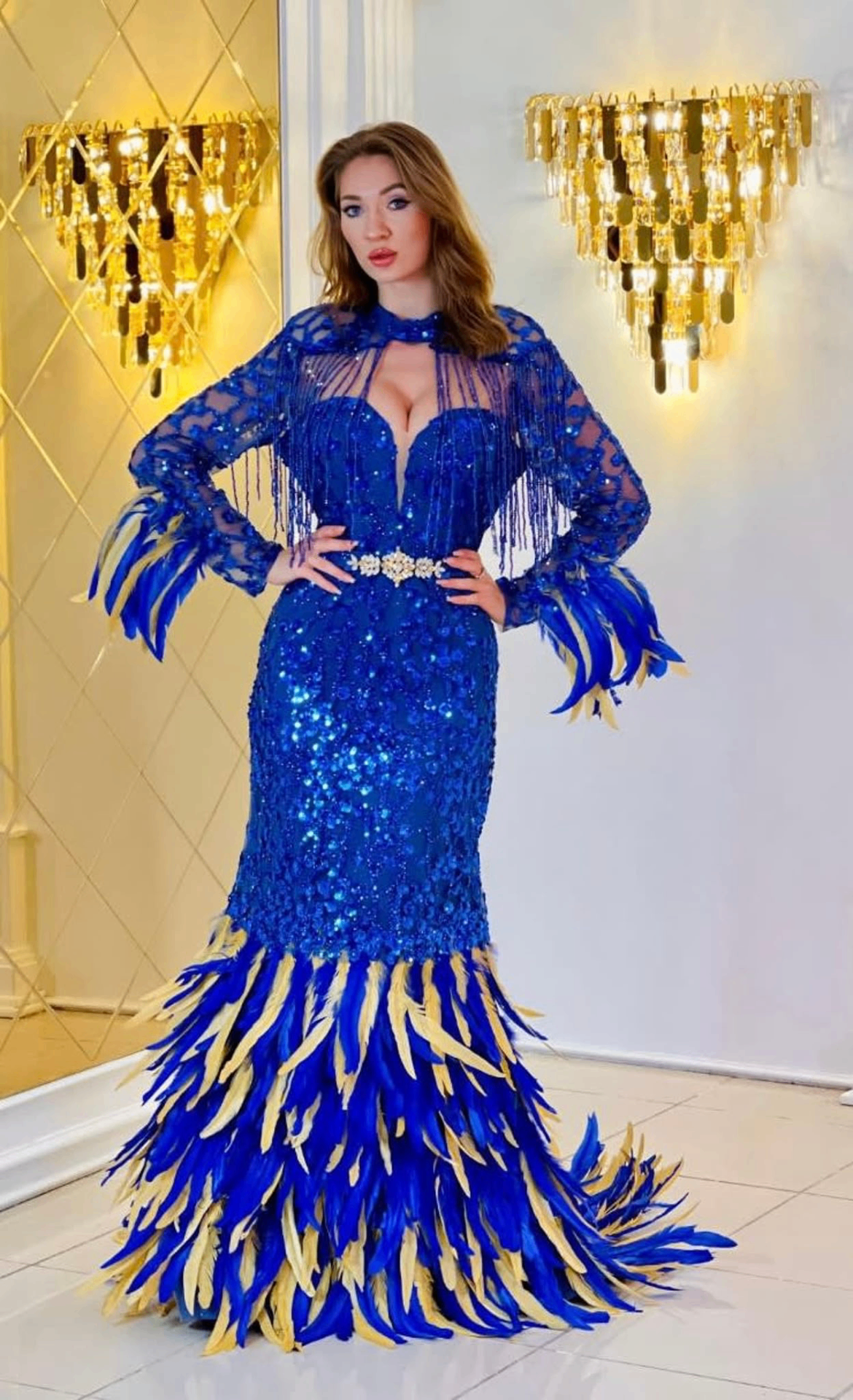 Royal blue sequin feather evening gown by Fancy Famous Fashion